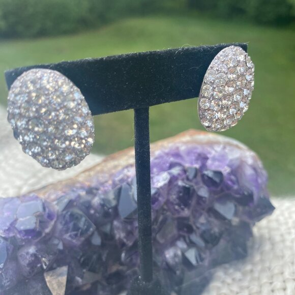 Vintage Givenchy NY Rhinestone Studded Omega Back Pierced Earrings Silver tone - Picture 2 of 7